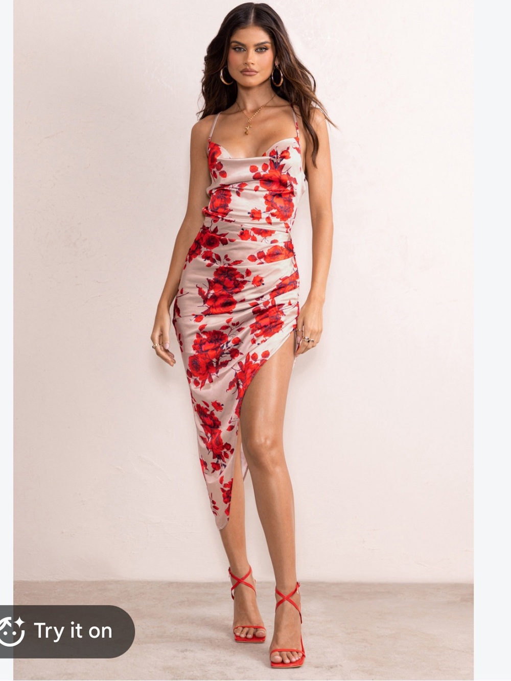 Club L London Champagne Satin Cami Dress with Red Floral